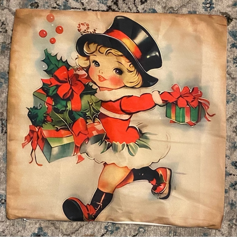 Four 17x17 Retro Style Christmas Pillow Covers w/Zipper Closure- Child Featured